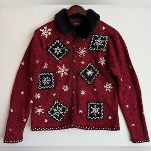 Erika Women’s M Snowflake Red Cardigan Sweater Black Faux Fur Collar Winter